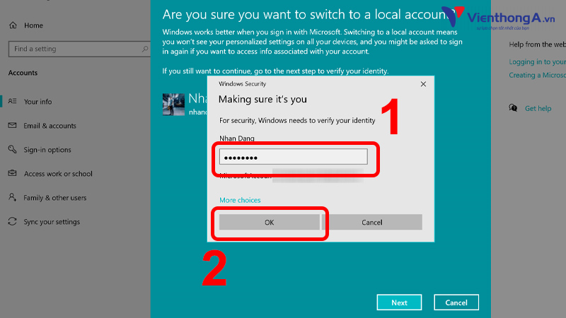 Bước 4: Nhập Mật khẩu của tài khoản Microsoft để xác nhận > Nhấn Next để tiếp tục.