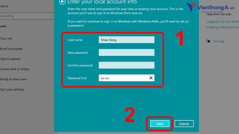 Bước 5: Tạo tài khoản Local để thay thế cho tài khoản Microsoft Account mà bạn sắp thoát ra.