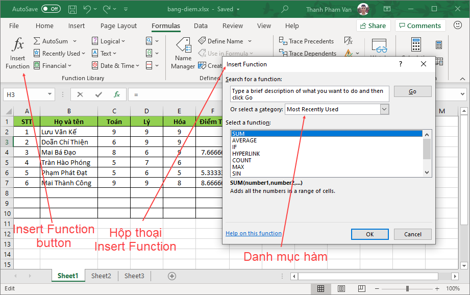 Cửa sổ chèn hàm trong Excel