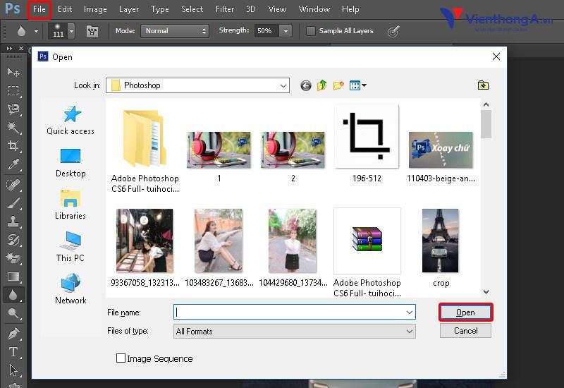 Bước 1: Mở ảnh cần làm mờ lên Photoshop bằng cách từ File trên menu nhấn chọn Open > Nhấn chọn ảnh từ thư mục chứa và nhấn Open (hoặc nhấn phím tắt Ctrl + O).