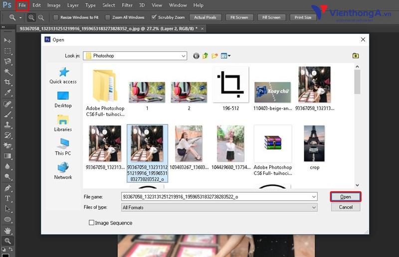 Bước 1: Mở ảnh cần làm mờ lên Photoshop bằng cách từ File trên menu nhấn chọn Open > Nhấn chọn ảnh từ thư mục chứa và nhấn Open (hoặc nhấn phím tắt Ctrl + O).