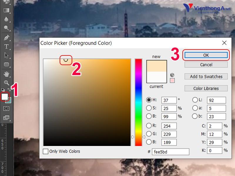 nhấn vào Foreground hoặc Background và chọn màu muốn sử dụng để tô Layer > Nhấn OK. Bài viết này, mình chọn màu của Foreground. 