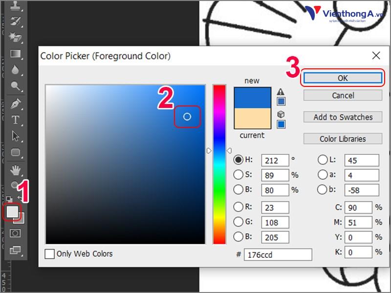 Bước 1: Bạn nhấn vào Foreground hoặc Background vàmuốn chọn màu sử dụng để tô vùng chọn > Nhấn OK. Bài viết này, mình chọn màu của Foreground. 