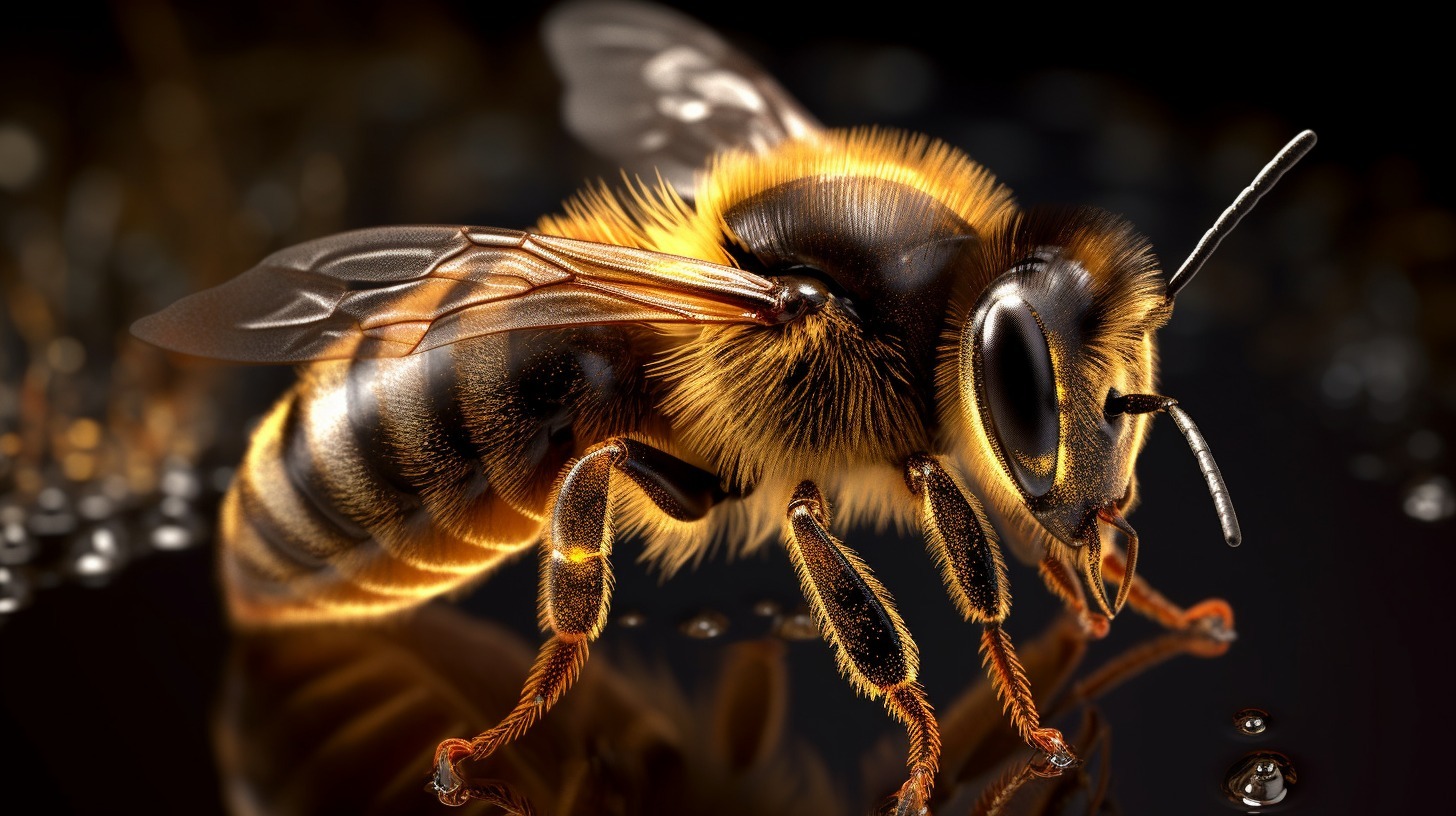 Hyperrealism, extreme macro close up photo of a bee, translucence, backlit --ar 16:9