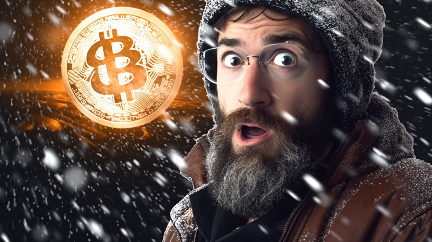 Youtube thumbnail about snowing in the Bitcoin and metaverse, black background --ar 16:9